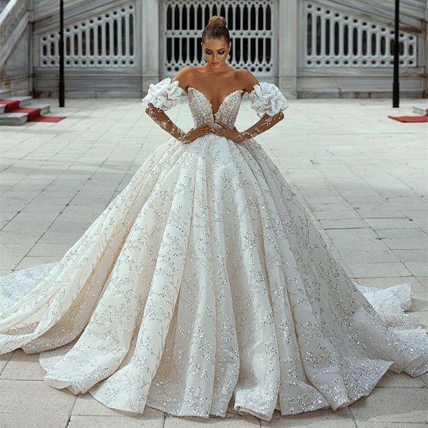 

2022 plus size arabic aso ebi ivory luxurious sparkly wedding dress sweetheart beaded sequins bridal gowns dresses zj440, White