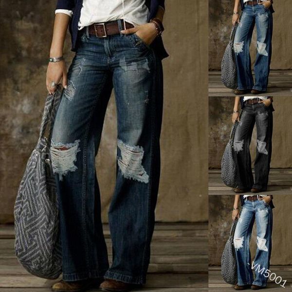

women's jeans mandylandy basic boot cut hole flare lady wide leg solid color ripped denim distressed pants trousers, Blue