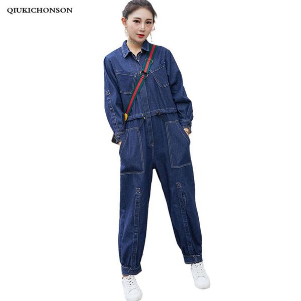 

women's jumpsuits & rompers korean long sleeve harem jumpsuit jeans plus size loose draw string elastic waist denim overalls women one, Black;white