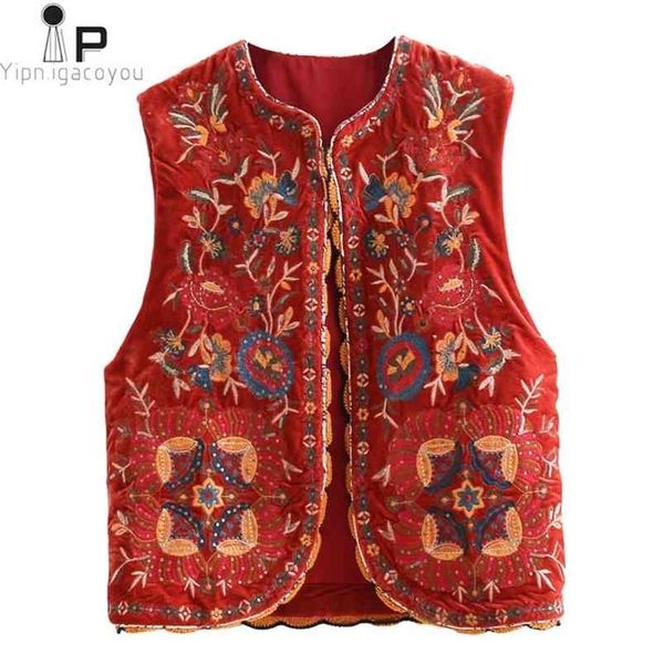 Vintage autunno ricamo floreale paillettes velluto gilet donna moda cardigan senza maniche signore capispalla gilet casual 210909