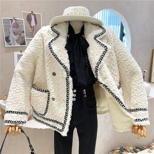 

women's down & parkas [ewq] autumn winter 2021 korean fur one-piece double breasted lazy loose little lamb wool long sleeve coat women, Black