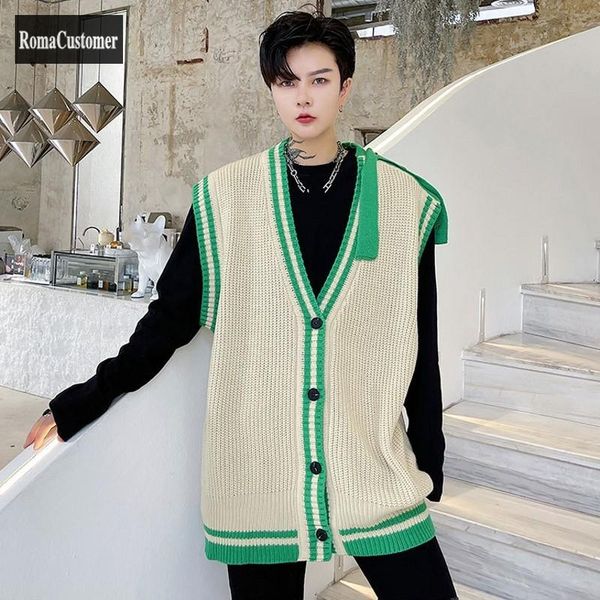 

men's vests spring autumn mixed colors mens stripe vest jackets v-neck spliced single breasted sleeveless loose korean male casual, Black;white