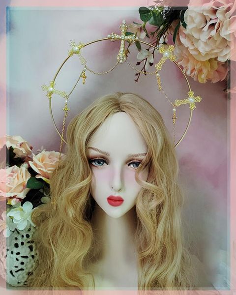 

party masks retro gothic lolita cross chain goddess virgin mary tiaras hair crown godmother halo baroque headband cosplay headdress