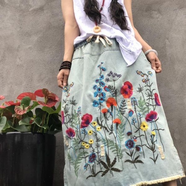 

2021 new tassels cotton denim long mid calf skirts for women summer elastic waist a line embroidery holes skirts, Black