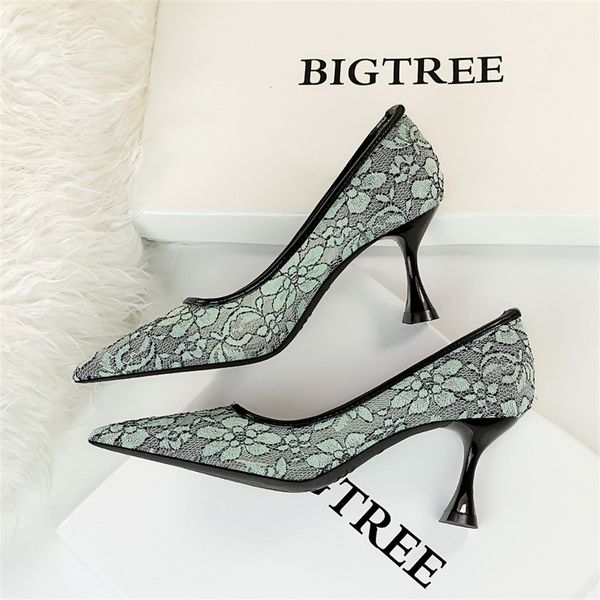 

bigtree brand high heels cat heel pointed mesh lace women's shoes fashion women's shoes, Black