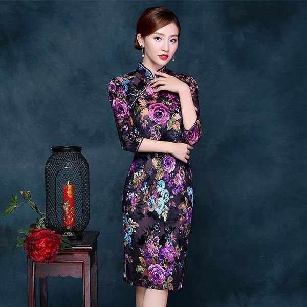 

ethnic clothing winter velvet cheongsam qipao blue traditional chinese dress robe orientale style dresses china store, Red