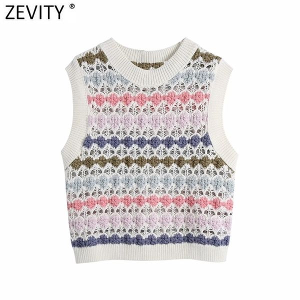 

zevity women fashion hollow out colorful crochet short knitting sweater lady sleeveless casual slim crop pullover sw826 210922, White;black