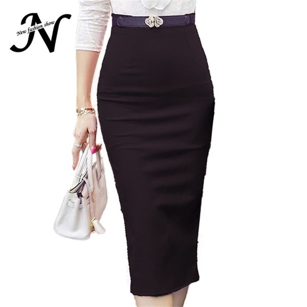 Saia de lápis de cintura alta Plus Size apertado Bodycon Moda Mulheres Midi Saia Vermelho Slit Preto Saias Das Mulheres Jupe Femme S - 5xL 210310