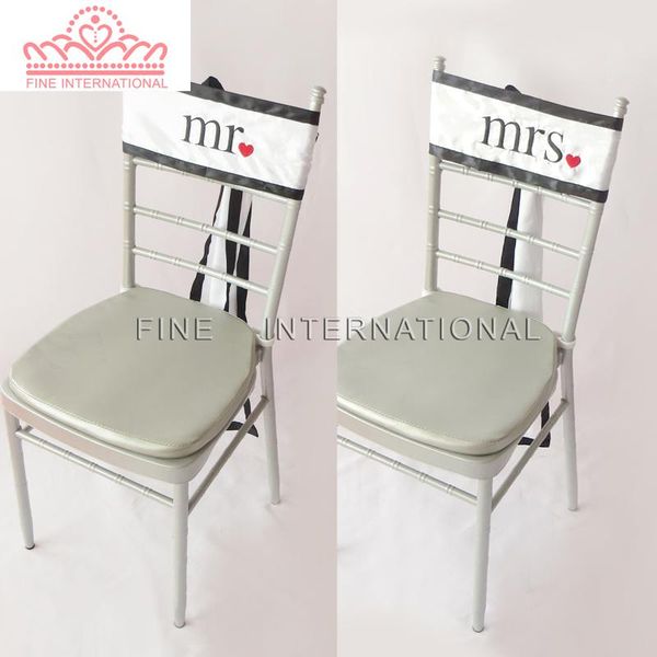 

embroidered mr & mrs white and black satin chair sash for wedding