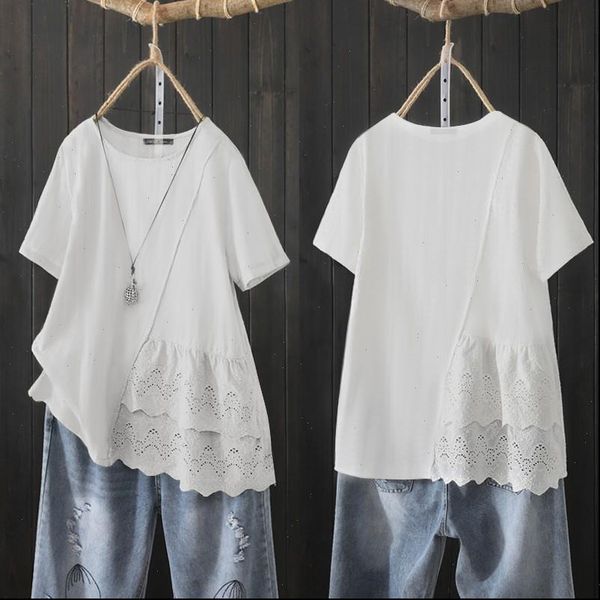 

zanzea 2021 fashion lace stiching womens summer blouse casual short sleeve blusas female solid summer tunic plus size 5xl, White