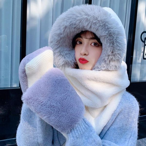

berets ht3906 cute ears fluffy fur hat scarf gloves set women warm winter with lady knitted accessory ski earflap cap, Blue;gray