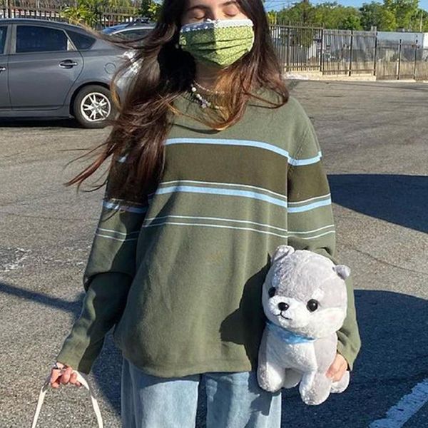 

women's sweaters crewneck oversized striped sweater knitwear vintage autumn long sleeve pull femme knitted pullovers, White;black
