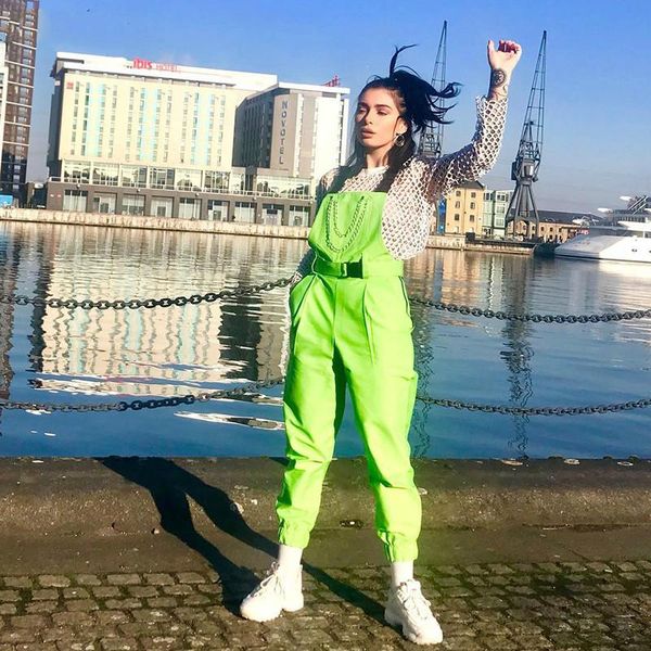 

women's jumpsuits & rompers fluorescent green bib pants street black casual playsuits 2021spring ladies solid full, Black;white