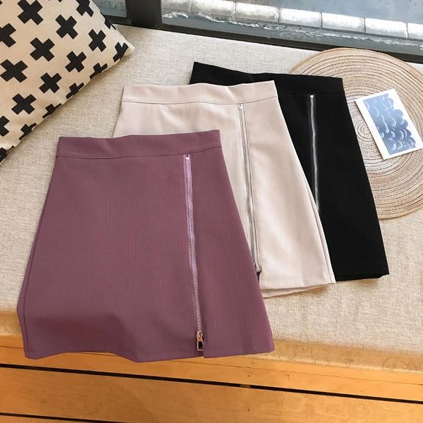 

skirts women pu leather skirt vertical zipper fashion casual high waist slim commute, Black
