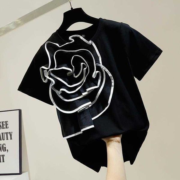 

summer three-dimensional large flowers decoration short sleeve t-shirt female fashion floral t shirt ladies 210601, White