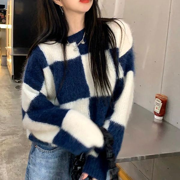 

women's sweaters vintage japanese hit color plaid sweater o neck long sleeve bottomed woman autumn winter waterproof mink pullovers, White;black