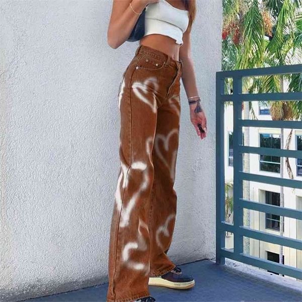 

heart printed brown y2k baggy jeans for girls harajuku high waist trousers aesthetic straight denim pants women streetwear 210730, Blue