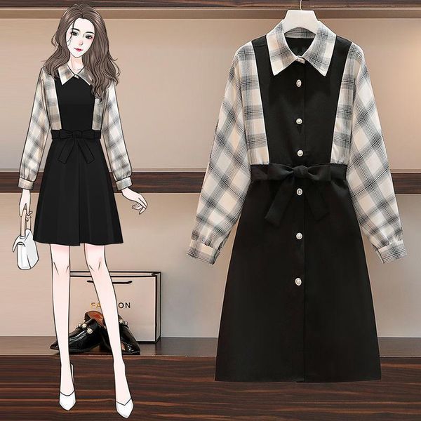 

casual dresses women 2021 autumn fashion loose plaid vestidos female mid-long patchwork ladies bow short a-line dress d733, Black;gray