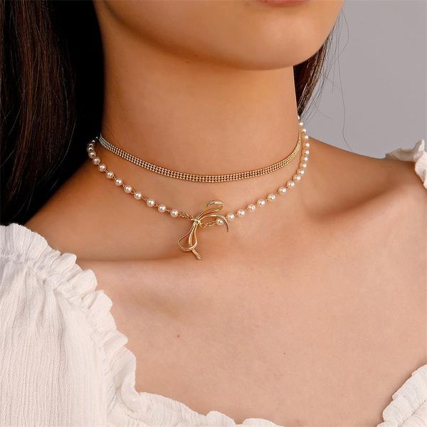 

chains simple and creative bow shape pendant fashion trend imitation pearl double layered necklace women's party jewelry accessories, Silver