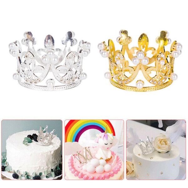 

mini pearl crown cake er gold silver alloy hollow shiny handmade cake decor kids birthday party wedding supplies