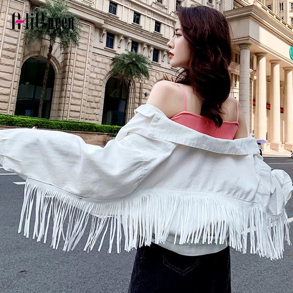 

women's jackets 2021 autumn women white tassel batwing cropped jeans jacket streetwear female denim veste femme casual loose short coat, Black;brown