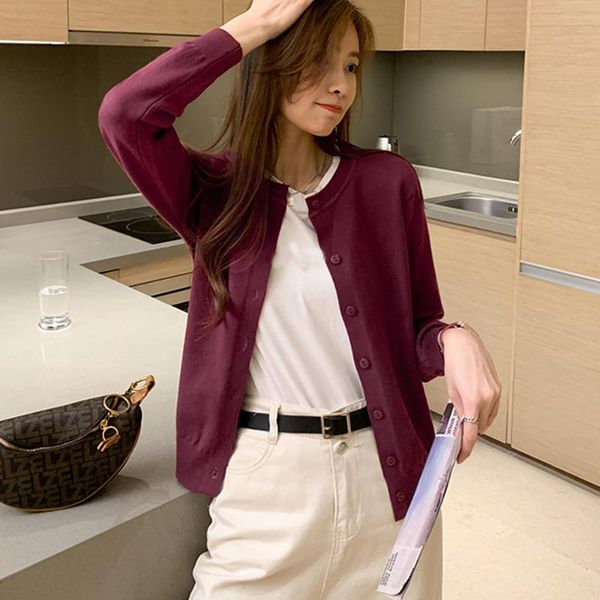 

women's knits & tees autumn 2021 women sweater short knitted coat vintage shirt long sleeve single breasted solid casual knit cardigan, White