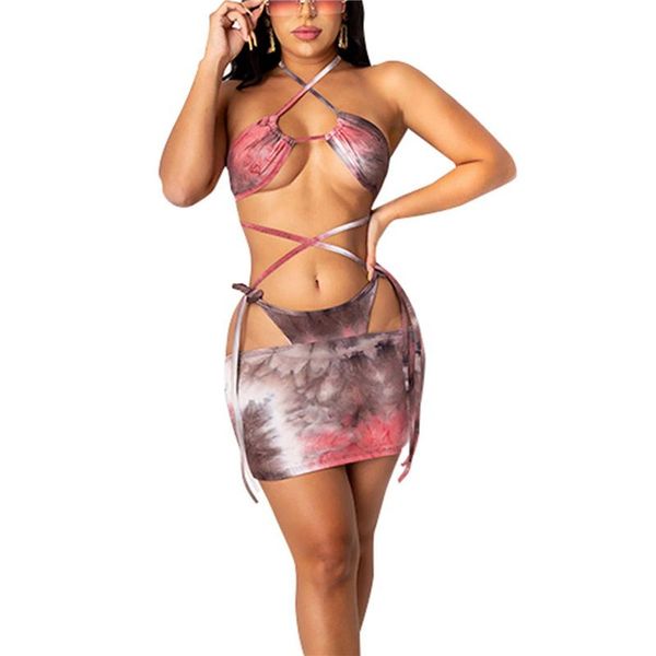 

women's swimwear tie dye lace-up bikini low collar halter short skirt swimsuit, classic bare midriff two-pieces swimming suit, White;black