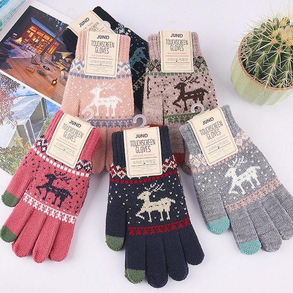 

five fingers gloves men women knitted thick christmas deer printed warm autumn winter outdoor full finger touch screen, Blue;gray