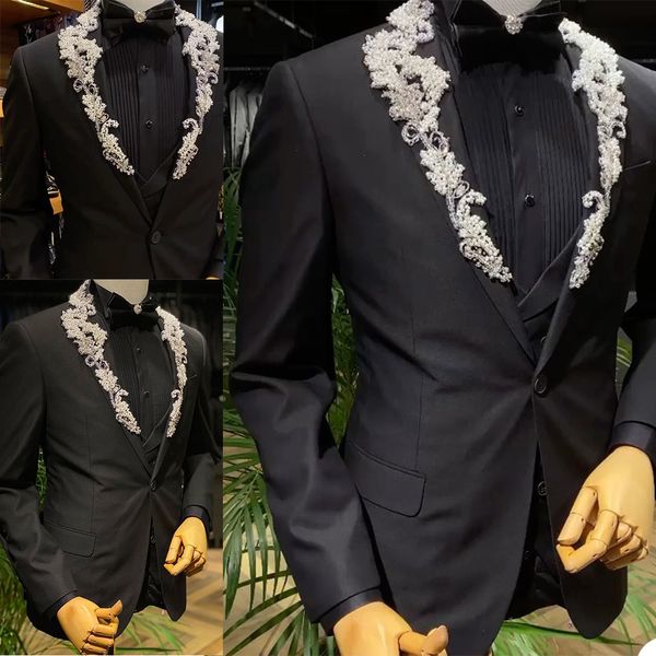 Yüksek Kaliteli İnciler Boncuk Erkek Smokin Damat Bir Düğme Düğün Blazer Suit Giymek İş Balo Parti Sadece Ceket