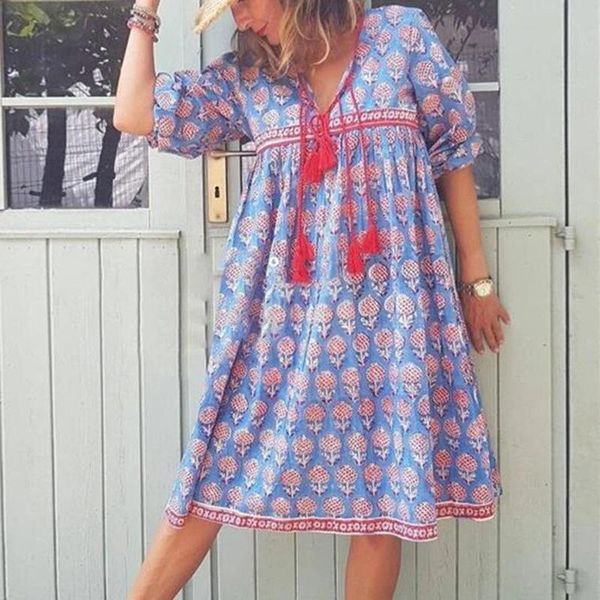 

casual dresses leisure summer autumn women's bohemian three quarter sleeve dress 2021 ladies v-neck floral print midi robe femme, Black;gray