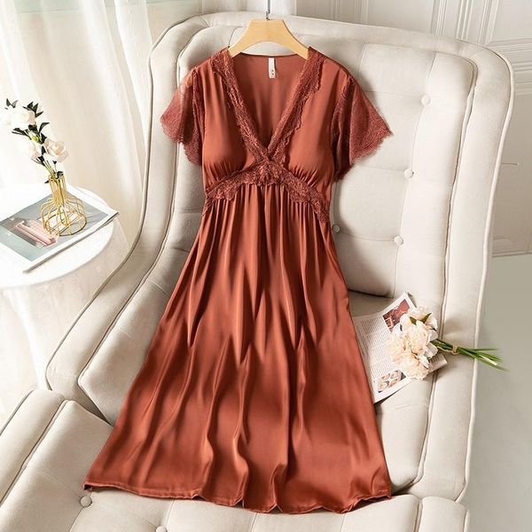 

women's sleepwear lace v-neck nightdress women satin nightgown sleep dress summer short sleeve nightwear home dressing gown nighty robe, Black;red