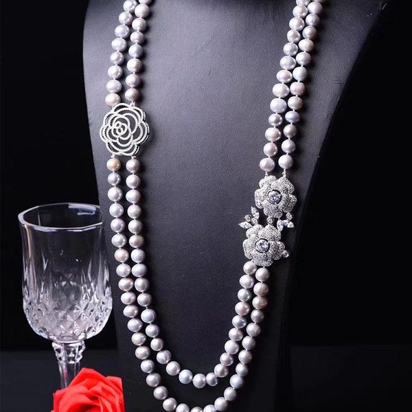 

chains 2rows freshwater pearl white/gray round 8-9mm necklace 24-26" fppj wholesale for woman gift, Silver