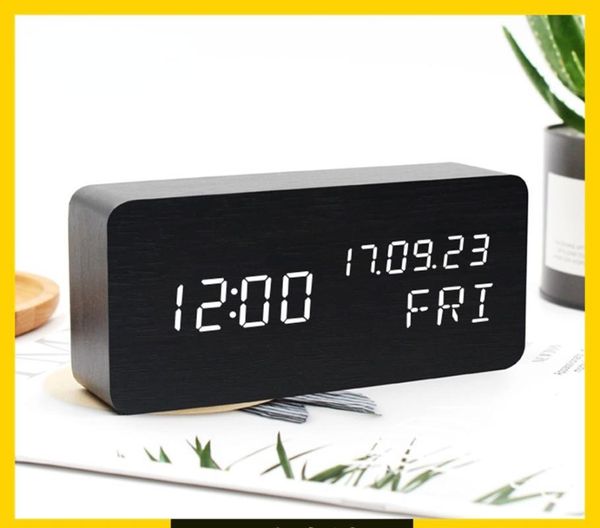 

desk & table clocks creative led voice-activated electronic wooden alarm clock, week display calendar clock