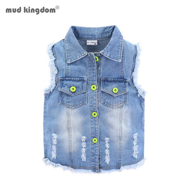 Mudkingdom rasgado meninas denim colete borboleta lantejoulas colarinho colarinho outono jaqueta crianças jean para roupas brilhantes 210615