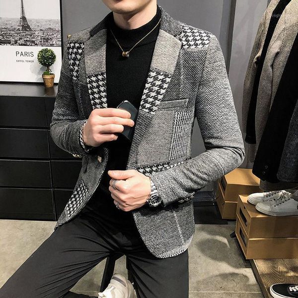 

men plaid suit korean mens slim fit blazer jacket autumn add velvet warm stylish chaqueta hombre formal coat men's suits & blazers, White;black