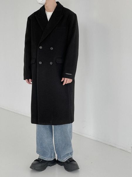 

men's wool & blends autumn and winter thick woolen coat mid-length over-the-knee windbreaker korean style trendy warmth, Black