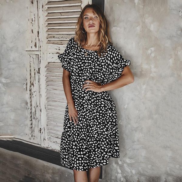 

casual dresses dot print women's summer midi dress loose vintage female 2021 short butterfly sleeve o neck elegant vestidos, Black;gray