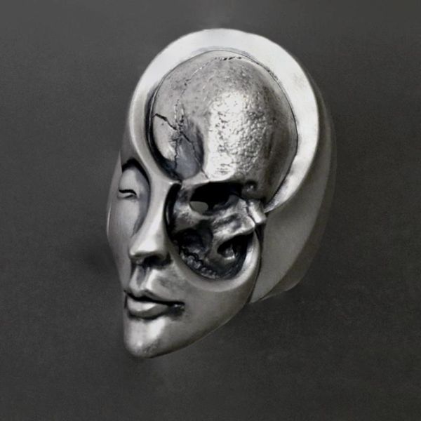 

cluster rings vintage gothic punk men's stainless steel ring unique half broken horror skull retro rock biker jewelry gifts, Golden;silver