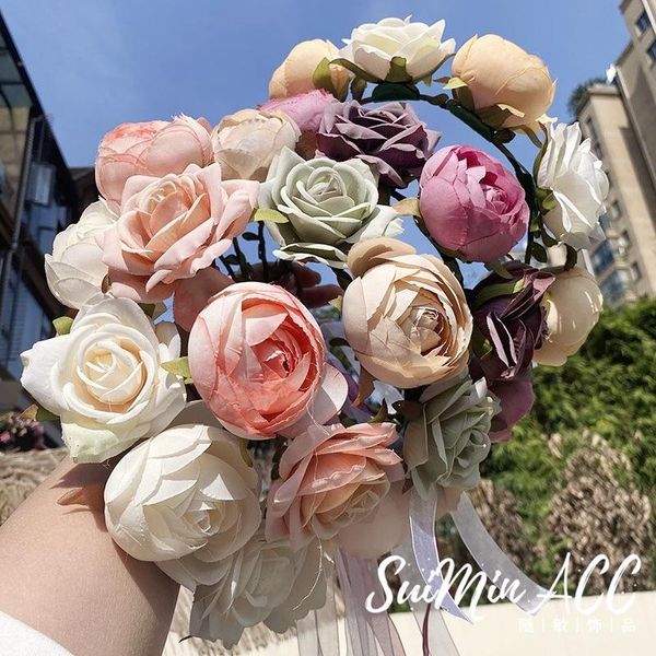

decorative flowers & wreaths rose peony crown rattan wreath headwear bride garland wedding pography decoration seaside holiday hair accessor