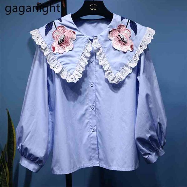 

korean peter pan collar lace embroidery flowers blouses lantern sleeve women fashion loose sweet shirt students 210601, White
