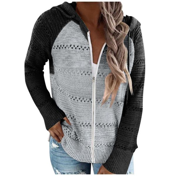 

women's jackets women casual patchwork fashion knitted long sleeve hooded cardigan jacket zipper drawstring autumn winter coat, Black;brown