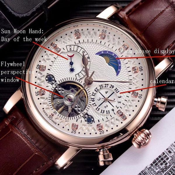 

wristwatches men's mechanical watch fashion tourbillon automatic moon phase calendar week display relojes para hombre 2021, Slivery;brown