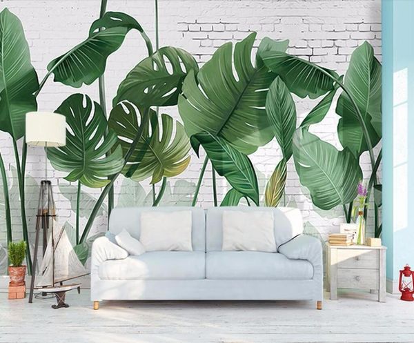 

wallpapers bacal custom wallpaper 3d nordic hand-painted brick wall plant banana leaf long style living room background mural
