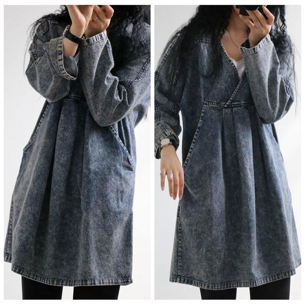 

casual dresses asymsay autumn winter retro cross v neck long sleeve denim dress chinese vintage style wash old cotton women ac5669, Black;gray