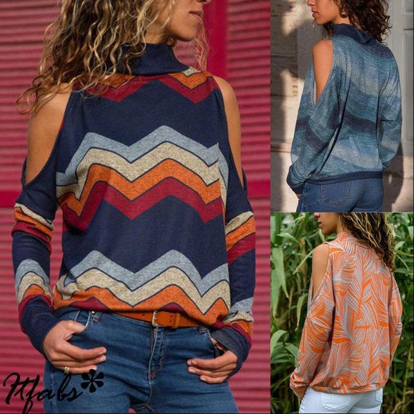 

2021 women cold shoulder high neck long sleeves shirt blouse ladies autumn long sleeve printed casual blouse, White