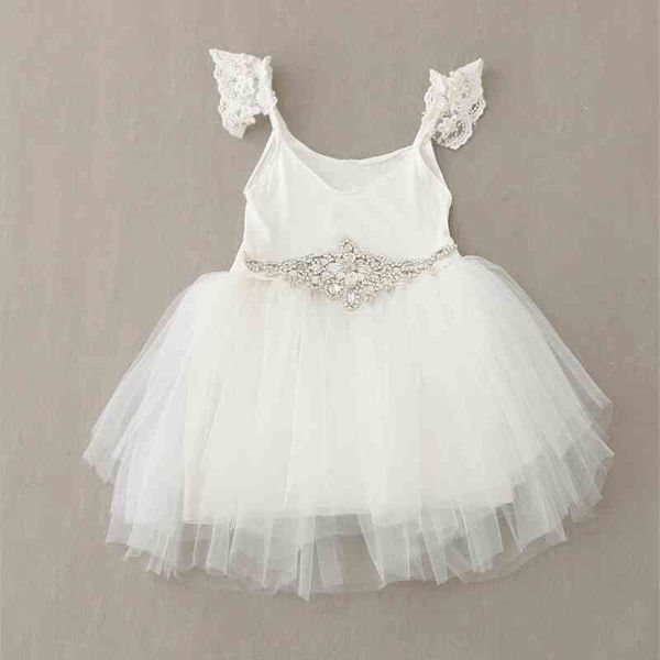 Weiß Baby Mädchen Kleid Kinder Spitze Blume Ärmellose Kleider Tutu Kristall Party Kleidung Großhandel 5 teile/los 210529