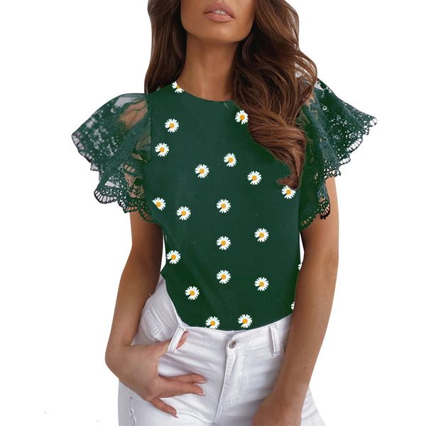 

2021 summer daisy round neck lace short sleeve floral tees women new fashion black ladies t-shirt femme c8fn, White