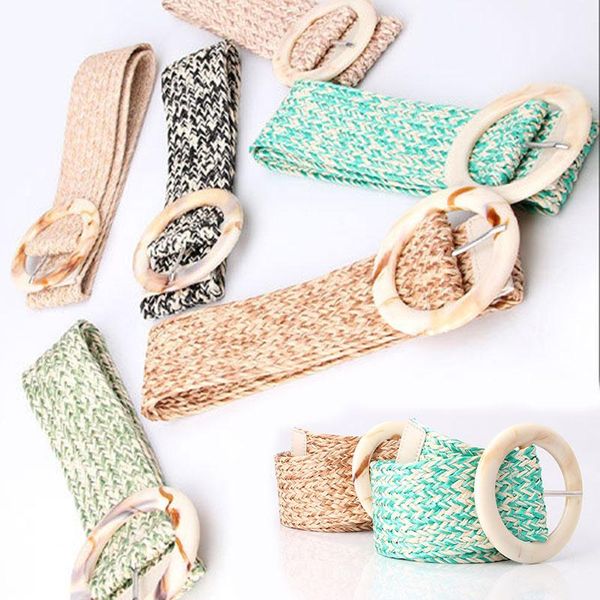 

belts women decoration dress shirt waist seal belt straw casual ultra wide female woven vintage carved wood buckle elastic, Black;brown