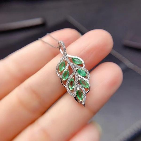 

chains meibapj natural emerald gemstone leaf pendant necklace real 925 pure silver green stone fine wedding jewelry for women