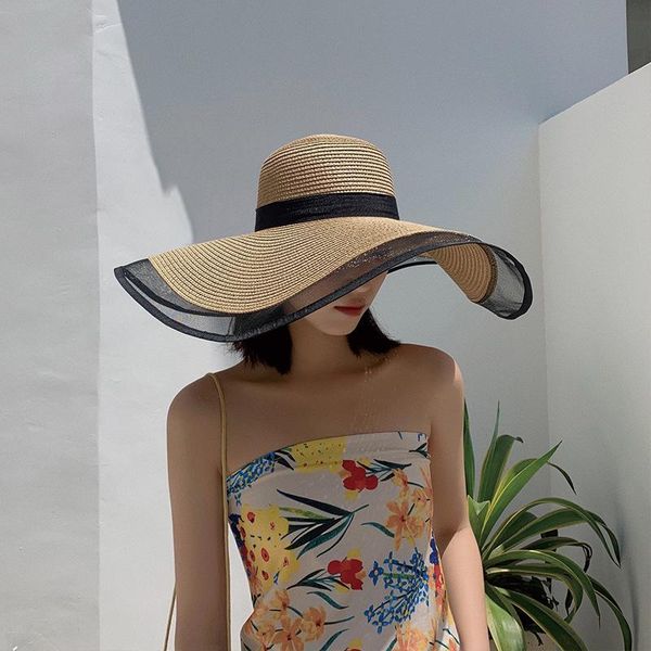 

wide brim hats ladies large net gauze straw hat fashion summer travel outdoor sunshade beach sun cap, Blue;gray